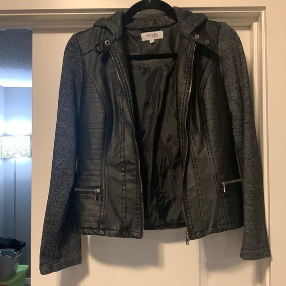 Charlotte Russe Jackets & Blazers - Charlotte Russe faux leather black jacket w/ gray sleeves & hood. Size medium.
